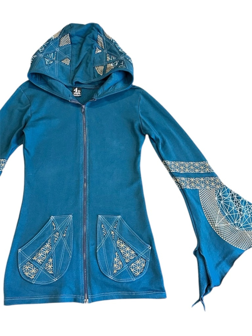 4D Designs Fourth Dimension Teal Hoodie SZ Medium Flare Sleeve Festival Fitted - Picture 2 of 15